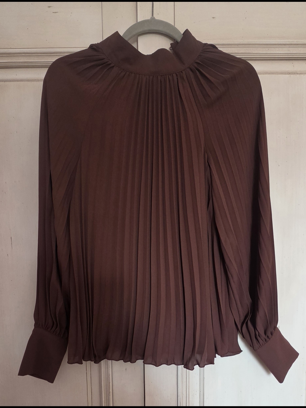 H&M Pleated High-Neck Blouse in Dark Brown